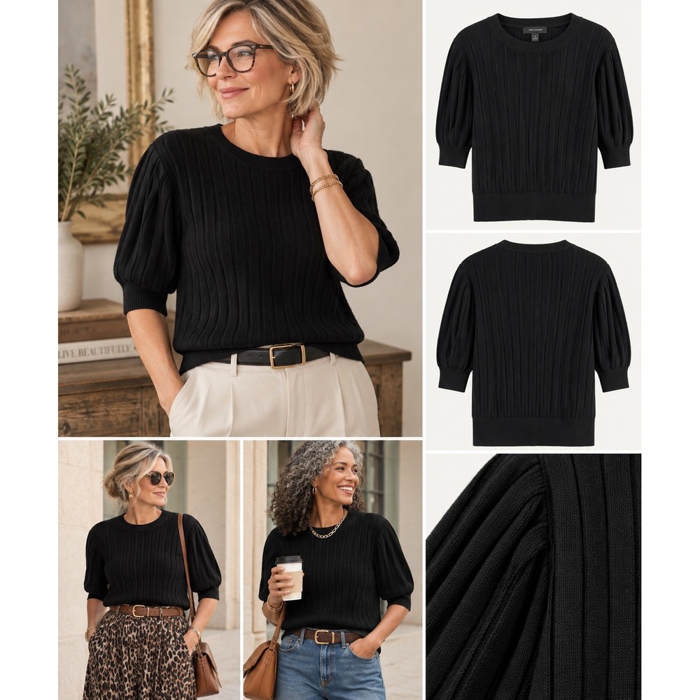 Ann Taylor Womens Black Ribbed Puff Short Sleeve Crew Neck Sweater Size S NWT